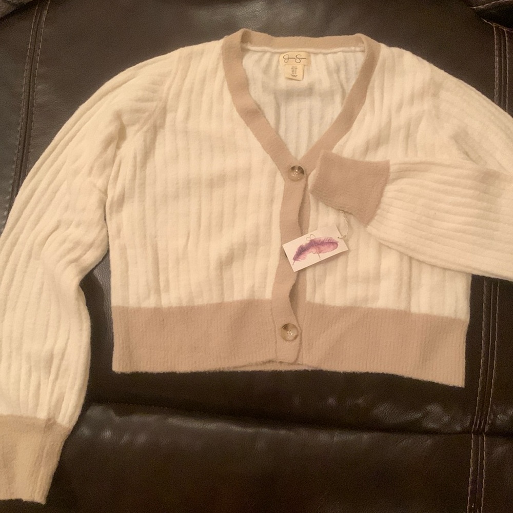 Cardigan sweater.  White & tan. NWT.  Jessica Simpson.